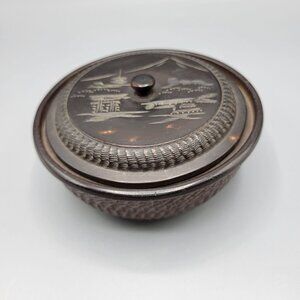 Vintage Japanese Wooden Bowl w/ Lid Carved Trinket Jewelry Box Engraved Brown